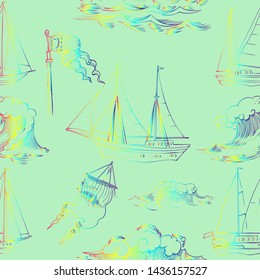 Seamless pattern with waves and ships. Hand drawn vector illustration