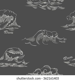 Seamless pattern with waves and ships. Hand drawn vector illustration