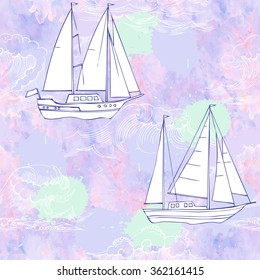 Seamless pattern with waves and ships. Hand drawn vector illustration