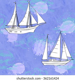Seamless pattern with waves and ships. Hand drawn vector illustration