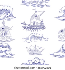 Seamless pattern with waves and ships. Hand drawn vector illustration