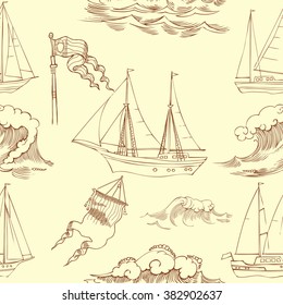 Seamless pattern with waves and ships. Hand drawn vector illustration