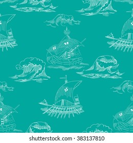 Seamless pattern with waves and ships. Hand drawn vector illustration