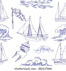 Seamless pattern with waves and ships. Hand drawn vector illustration