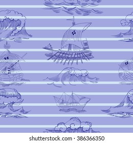 Seamless pattern with waves and ships. Hand drawn vector illustration