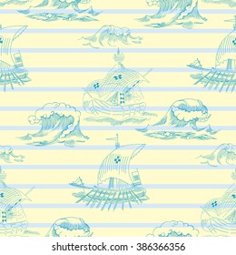Seamless pattern with waves and ships. Hand drawn vector illustration