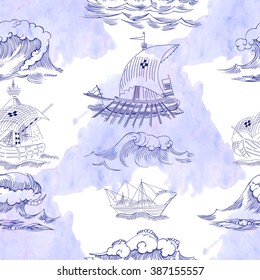Seamless pattern with waves and ships. Hand drawn vector illustration