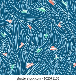 Seamless pattern with waves and ships in vector