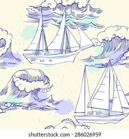 Seamless pattern with waves and ships. Vector Illustration