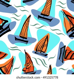 Seamless pattern with waves and ships. Vector Illustration