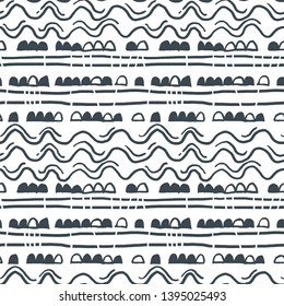 Seamless pattern with waves and silhouette rocks . Design for backdrops with sea, rivers or water texture. Repeating texture. Figure for textiles.  Surface design.