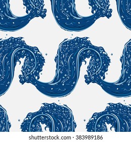 Seamless pattern with waves of splashing water. Hand drawn vector illustration