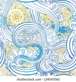 Seamless pattern with waves and sun. Vector, EPS 10