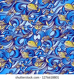Seamless pattern with waves and tropical fishes. Marine background. Hand drawn doodle style. Vector illustration