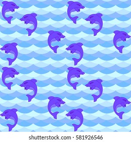 Seamless pattern of waves, water ,hilarious dolphins. For Wallpaper and fabrics. Vector illustration.