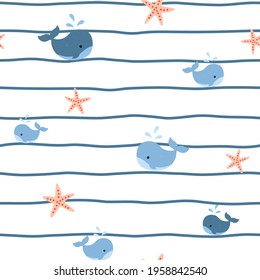 Seamless pattern with waves, whales and sea stars. Kids seamless design with marine theme. Flat vector illustration