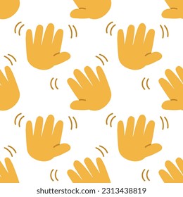 Seamless pattern with a waving palm gesture. Greeting. Palm movement. Palms are turned towards the viewer. Template for printing backgrounds on wallpaper, textiles. Background greeting