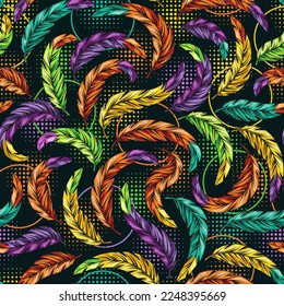 Seamless pattern with wavy bent feathers with colorful tips. Carnival background with circles, round halftone shapes behind.