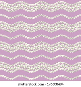 seamless pattern with wavy borders white realistic pearls on purple pink background. vector illustration 