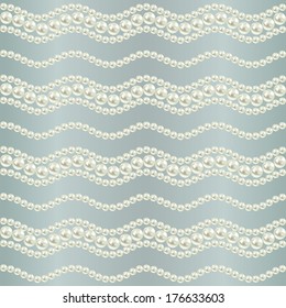 seamless pattern with wavy borders white realistic pearls on gray blue gradient background. vector illustration 