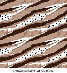 Seamless pattern with wavy brown and white stripes, complemented by artistic black and beige spots, modern, dynamic, visually arresting texture for apparel, room decor, tee prints, fabric, wrapping