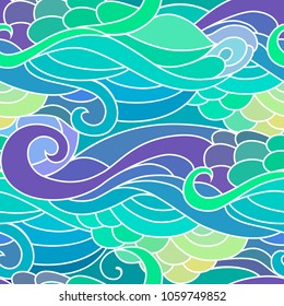 Seamless pattern with wavy curly ocean and mermaids style ornament.
