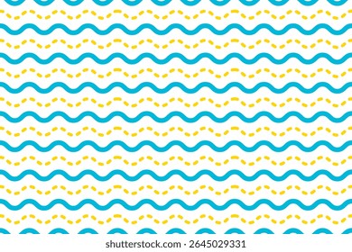 Padrão contínuo de linhas de ziguezague onduladas e pontilhadas em azul e amarelo em um fundo branco, perfeito para projetos de verão.