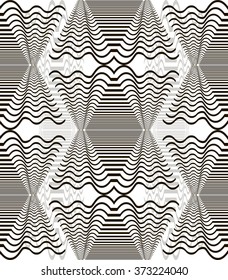 Seamless pattern of wavy elements. Horizontal lines forming diamond shapes with winding branches. High contrast figures on the background of low contrast ones. Vector illustration for stylish design