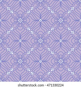 Seamless pattern of wavy floral lattice in blue contour with white elements on grayish violet/pink background. 
