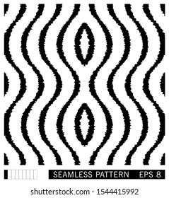Seamless pattern with wavy grunge lines. Ikat style. Shibori vector ornament design. Black and white background. 