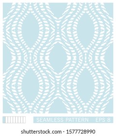 Seamless pattern with wavy grunge lines. Ikat style print. Shibori vector ornament design. Blue ogee striped background. 