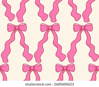 Seamless pattern with wavy hand drawn bows. Pink seamless pattern in coquette retro aesthetic with ribbons