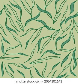 Seamless pattern with wavy leaves on the green background. Design for fashion, fabric, textile, wallpaper and a print on a different product.	