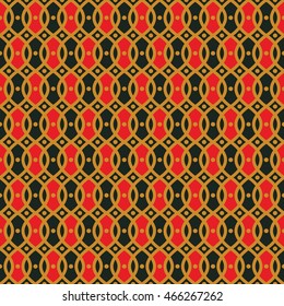 Seamless pattern with wavy lines and dots. Trellis wallpaper on a classic pattern. The geometric print pops with bold yellow lines and black and red elements. Seamless vector ornamental background.