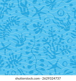 Seamless pattern, wavy lines, sea waves stylization, underwater elements, seaweed, coral, vector background