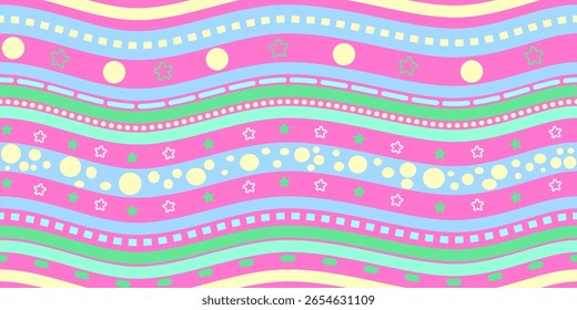Seamless Pattern of Wavy Lines with Stars and Circles in Bright Cheerful Colors