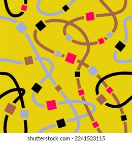 Seamless pattern with wavy lines, stripes, squares. Squares strung on a ribbon. Yellow background. Wrapping paper, textile, print, fabric. Black, pink, blue, brown colors.