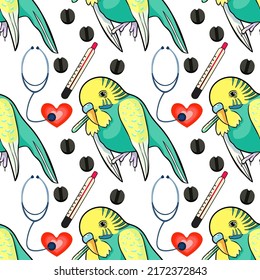 seamless pattern wavy parrot is sick with a thermometer. Vector illustration