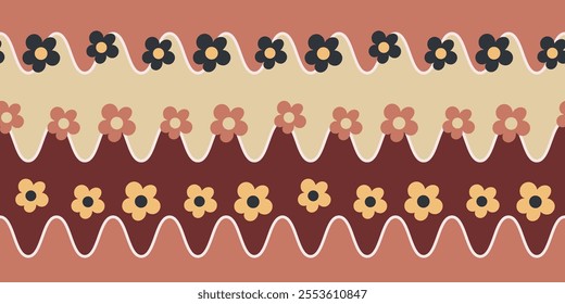 Seamless Pattern Wavy Stripes and Flower Retro Style