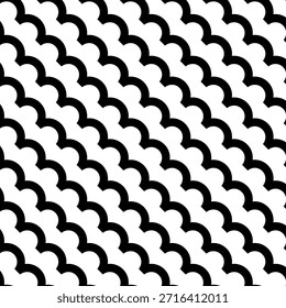 Seamless pattern with wavy stripes. Sea serpent pattern. Scales. Black waves diagonally. Simple graphic pattern. Wallpaper, wrapping, background, fabric, texture.
