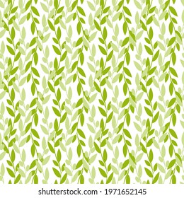 Seamless pattern wavy twigs with green leaves. Leaves garland. Vector illustration  on white background. Backgroundfor prints, textile, fabric, package, cover, greeting card ets