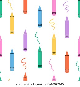 Seamless pattern with wax crayons. Colorful wax pencils. Art supplies, stationery. Vector illustration in flat style