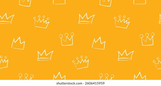 Seamless pattern with wax doodle crown icons. Crayon textured yellow background, chalk design print.