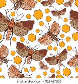 seamless pattern with wax moth and cells. Vector hand drawn  illustration. Pattern can be used for wallpaper, web design, surface textures etc.