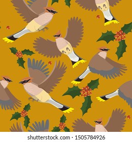Seamless pattern with waxwings. Vector graphics.