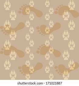 Seamless pattern ways dog paw prints and legs of a man. Vector illustration.