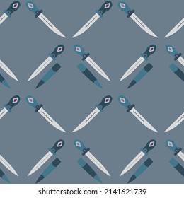 Patrón sin foco con armas en un fondo gris oscuro. Cubierta y funda afiladas. Ilustración del vector