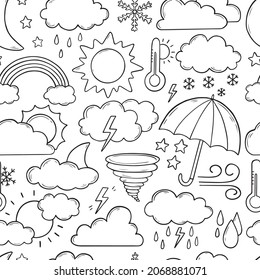 Seamless pattern of weather doodle. Sun, moon, cloud, rainbow, wind, star, lightning, snowflake, thermometer in sketch style.  White seamless background. Hand drawn vector illustration.