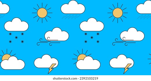 seamless pattern with weather forecast on blue background. Change of weather. Vector illustration.