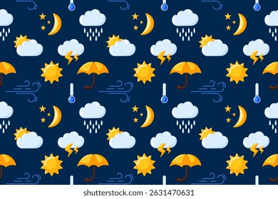 Seamless pattern with weather icon on dark blue background in cartoon style. Sun, clouds, rain, raindrops, umbrella, wind design for cloth, wallpaper, package.